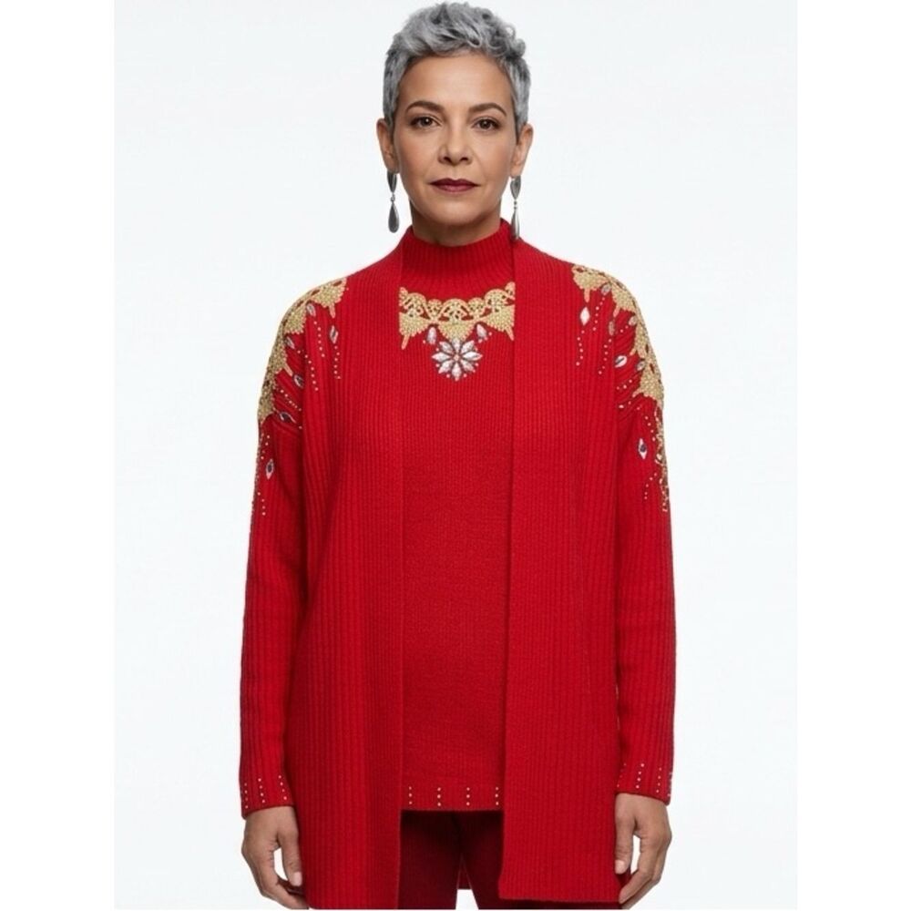 FOCUS USA | Vintage Sweater Set Red Gold Embellished Sleeveless Top & Cardigan